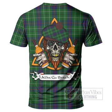 Duncan Tartan T-Shirt with Family Crest and Bearded Skull Holding Bottles of Whiskey