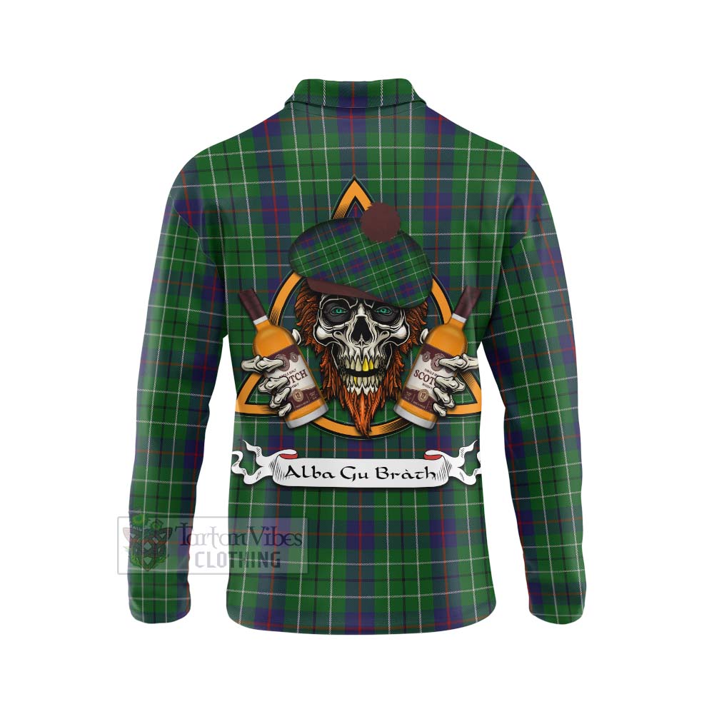 Tartan Vibes Clothing Duncan Tartan Long Sleeve Polo Shirt with Family Crest and Bearded Skull Holding Bottles of Whiskey