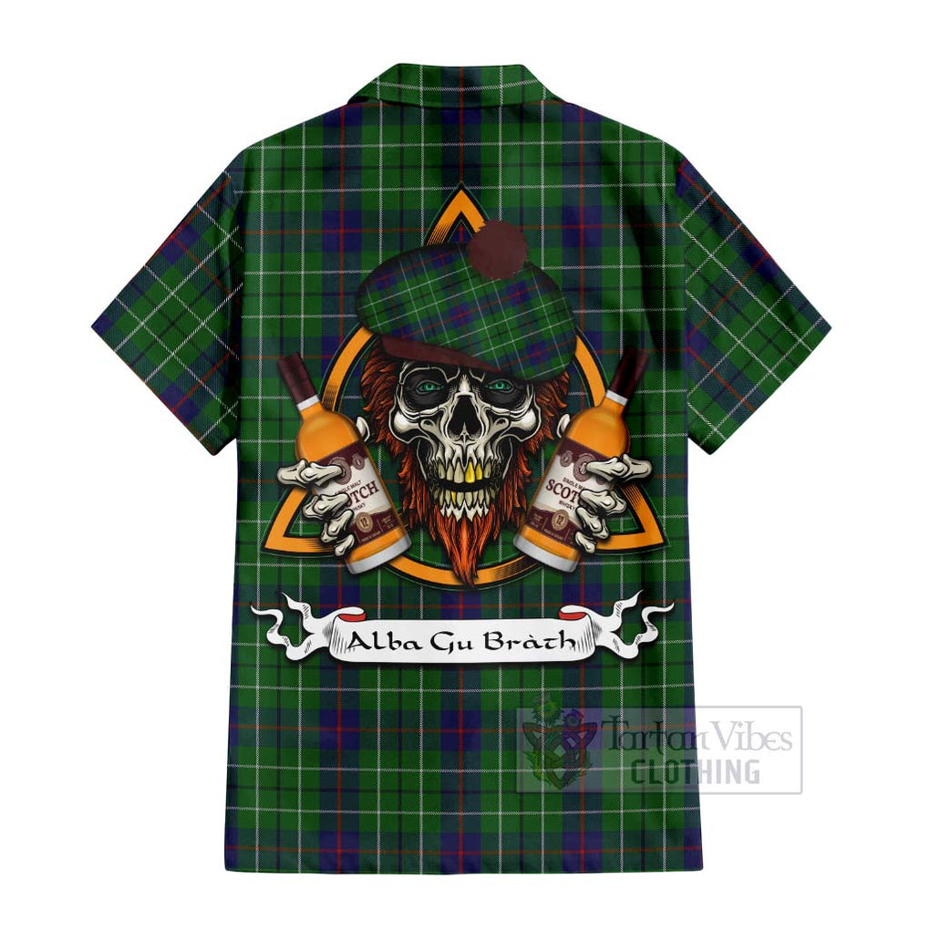 Tartan Vibes Clothing Duncan Tartan Short Sleeve Button Shirt with Family Crest and Bearded Skull Holding Bottles of Whiskey