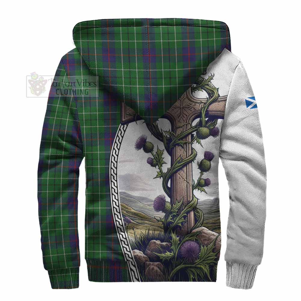 Tartan Vibes Clothing Duncan Tartan Sherpa Hoodie with Family Crest and St. Andrew's Cross Accented by Thistle Vines