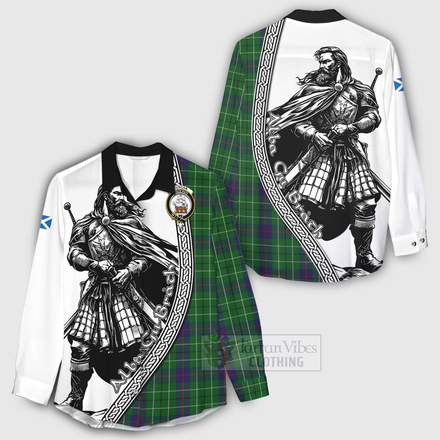 Tartan Vibes Clothing Duncan Tartan Clan Crest Women's Casual Shirt with Highlander Warrior Celtic Style