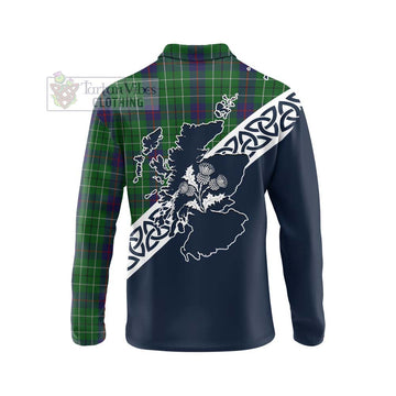 Duncan Tartan Long Sleeve Polo Shirt Featuring Thistle and Scotland Map