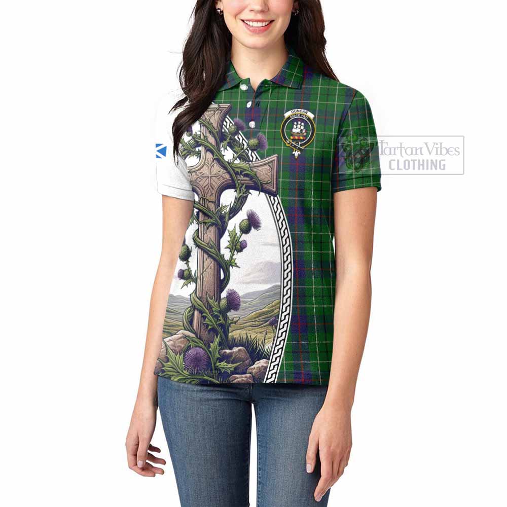 Tartan Vibes Clothing Duncan Tartan Women's Polo Shirt with Family Crest and St. Andrew's Cross Accented by Thistle Vines