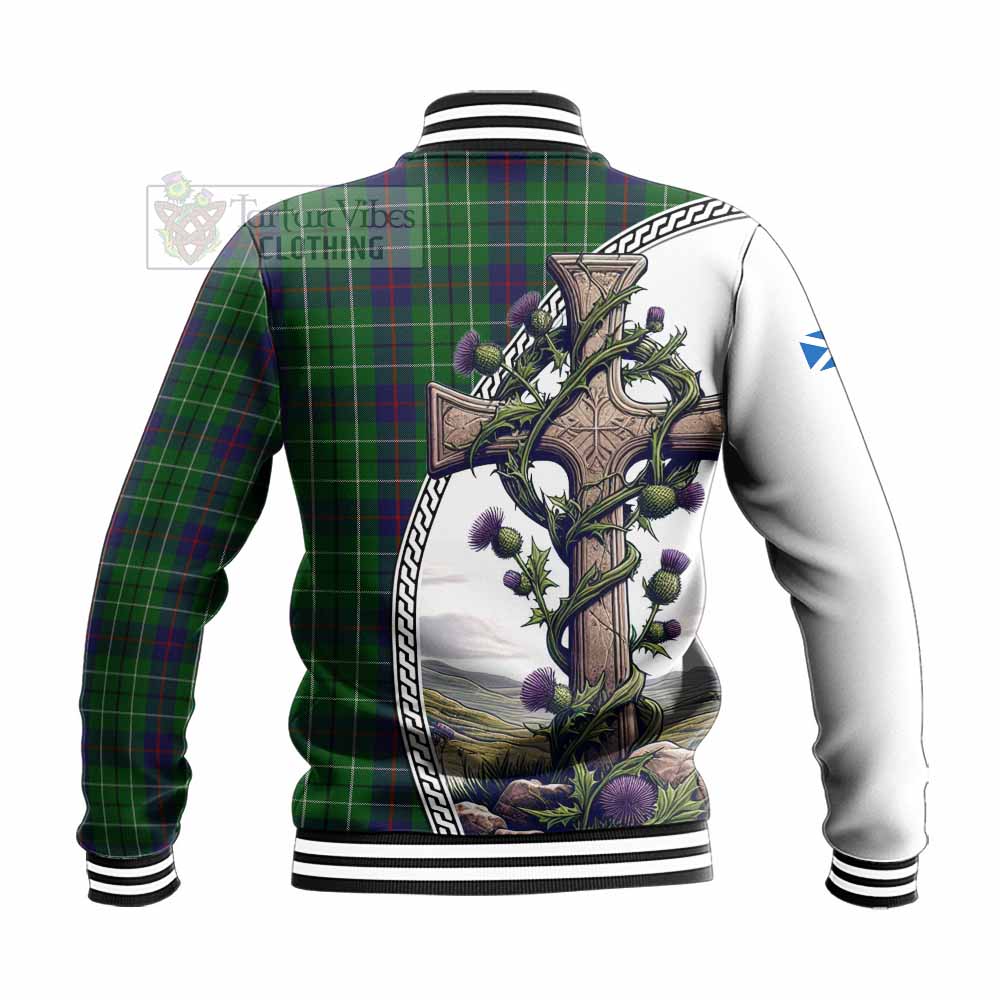 Tartan Vibes Clothing Duncan Tartan Baseball Jacket with Family Crest and St. Andrew's Cross Accented by Thistle Vines