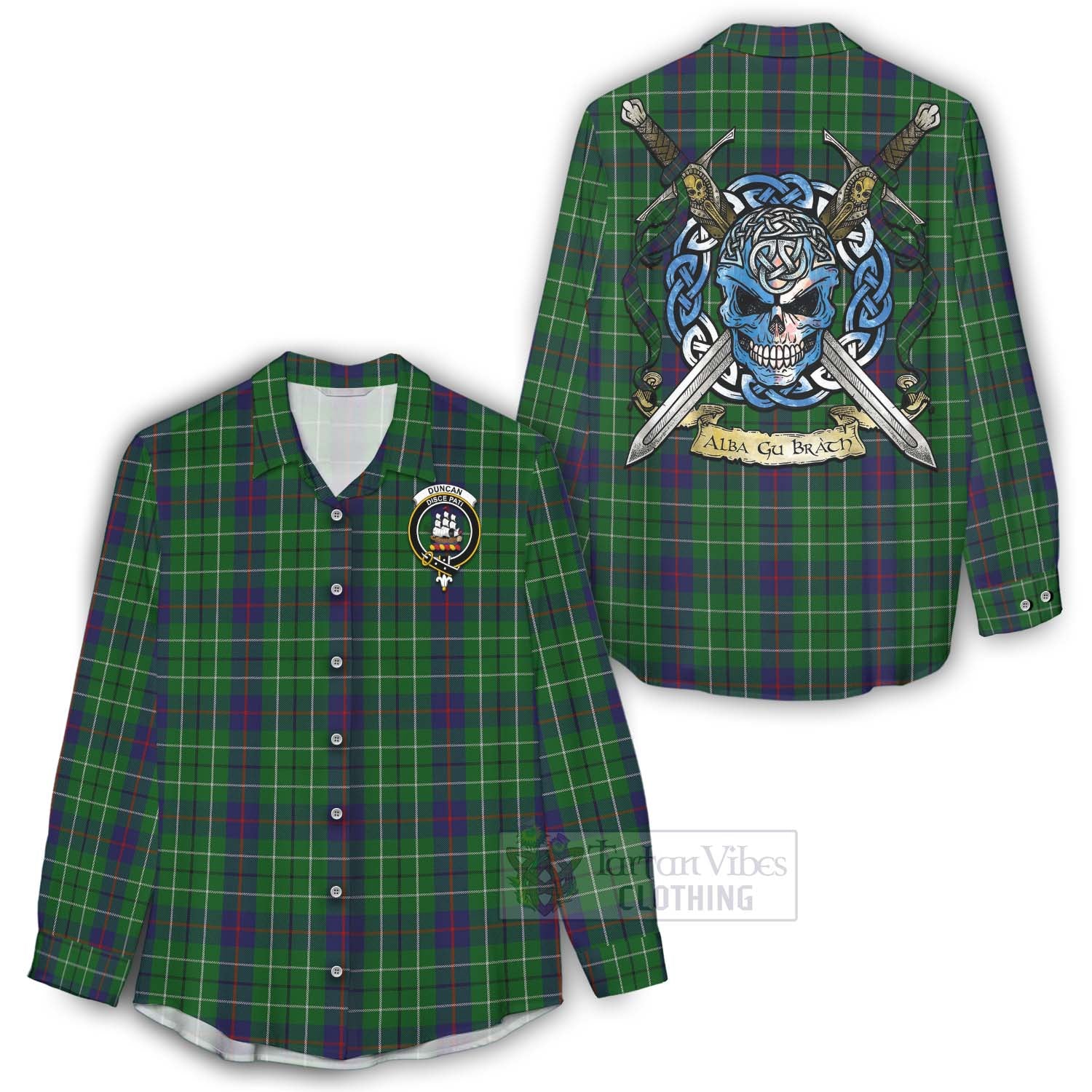 Tartan Vibes Clothing Duncan Tartan Women's Casual Shirt with Family Crest Celtic Skull Style