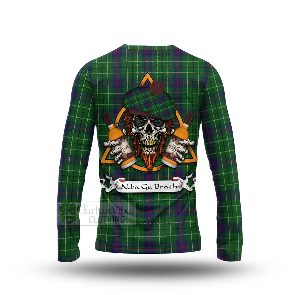 Tartan Vibes Clothing Duncan Tartan Long Sleeve T-Shirt with Family Crest and Bearded Skull Holding Bottles of Whiskey