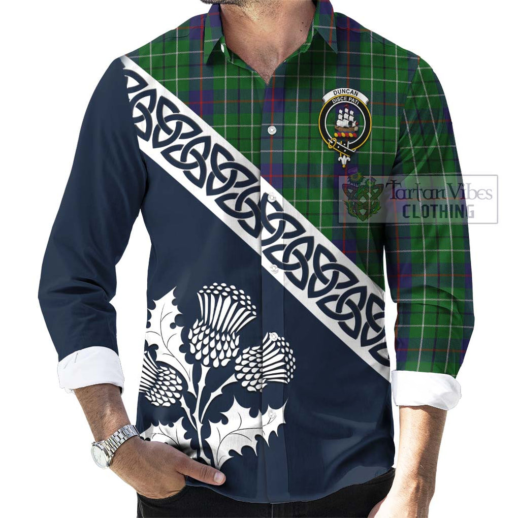 Tartan Vibes Clothing Duncan Tartan Long Sleeve Button Shirt Featuring Thistle and Scotland Map