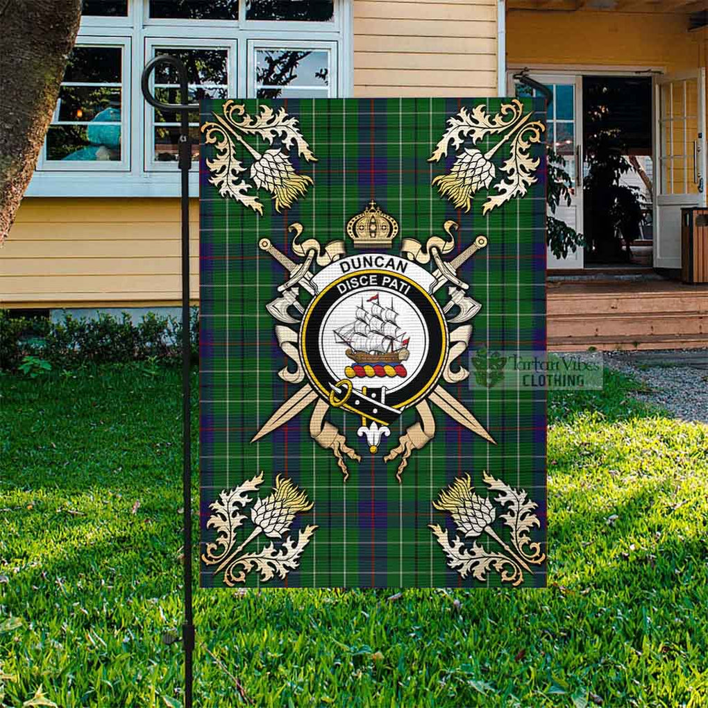 Tartan Vibes Clothing Duncan Tartan Flag with Family Crest and Golden Thistle Crossed Sword Design