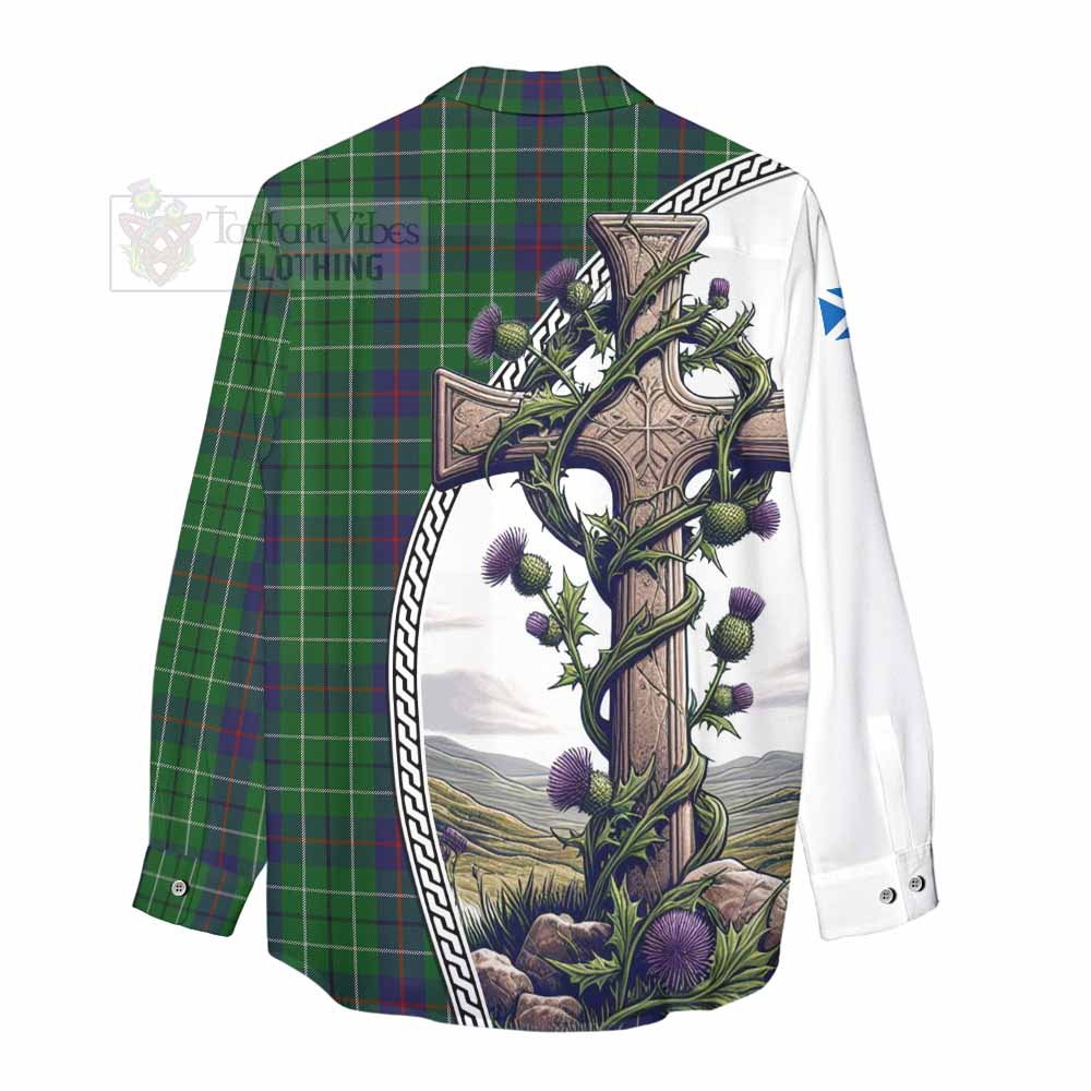 Tartan Vibes Clothing Duncan Tartan Women's Casual Shirt with Family Crest and St. Andrew's Cross Accented by Thistle Vines