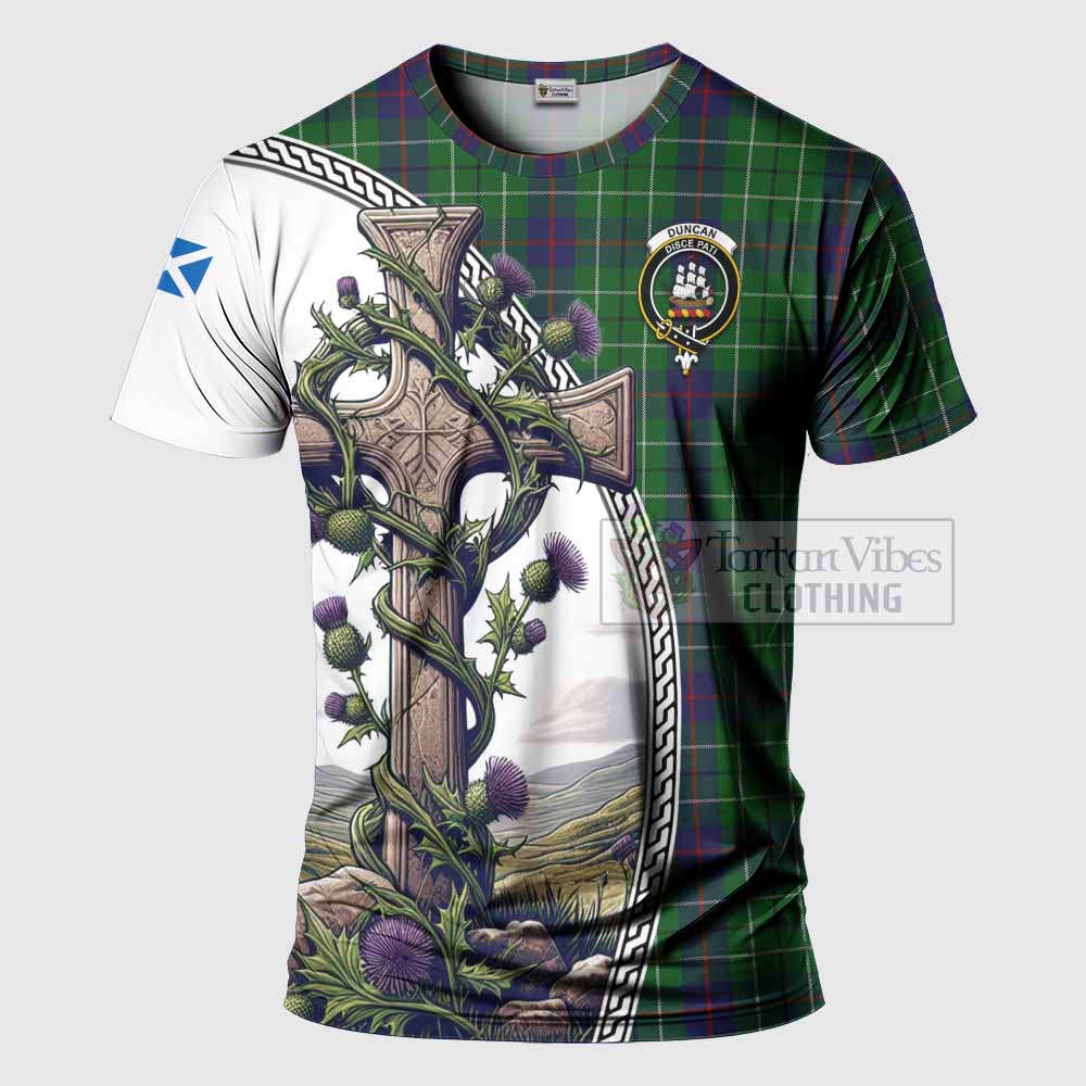 Tartan Vibes Clothing Duncan Agnew Tartan T-Shirt with Family Crest and St. Andrew's Cross Accented by Thistle Vines