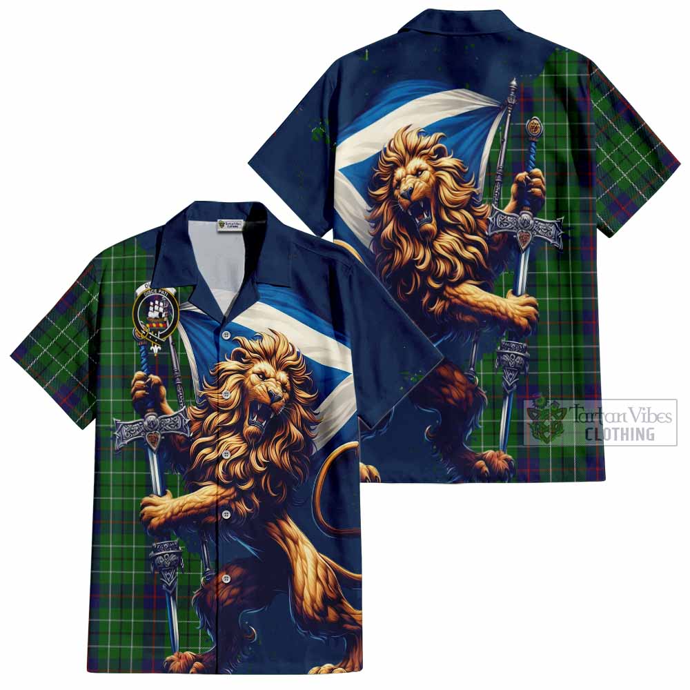 Tartan Vibes Clothing Duncan Tartan Family Crest Short Sleeve Button Shirt with Scottish Majestic Lion