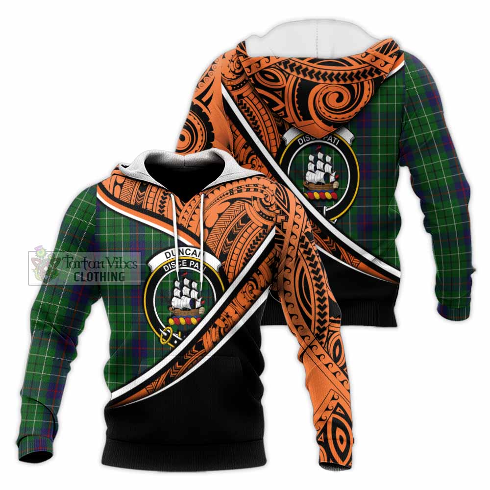 Tartan Vibes Clothing Duncan Crest Tartan Knitted Hoodie with Maori Tattoo Style - Orange Version