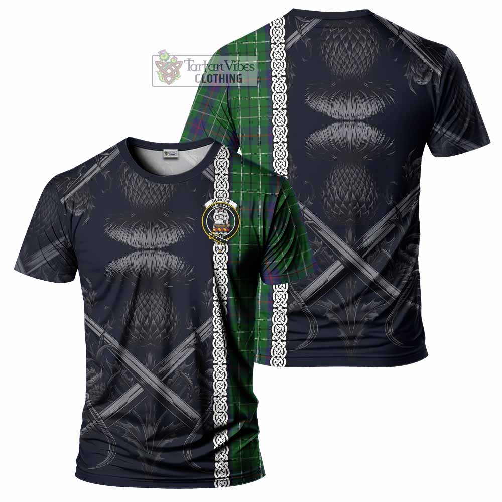 Tartan Vibes Clothing Duncan Tartan T-Shirt with Family Crest Cross Sword Thistle Celtic Vibes