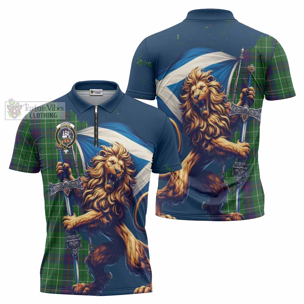 Tartan Vibes Clothing Duncan Tartan Family Crest Zipper Polo Shirt with Scottish Majestic Lion