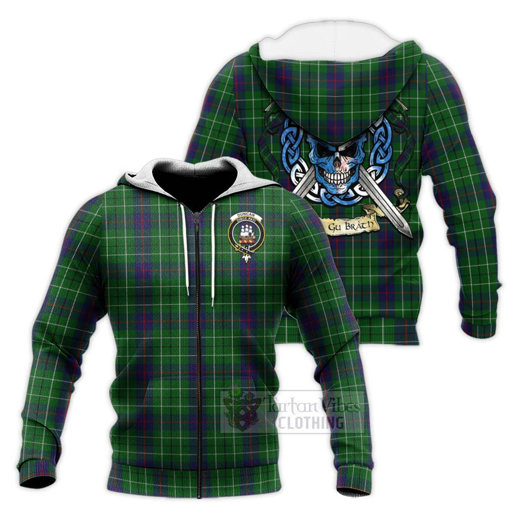 Tartan Vibes Clothing Duncan Tartan Knitted Hoodie with Family Crest Celtic Skull Style