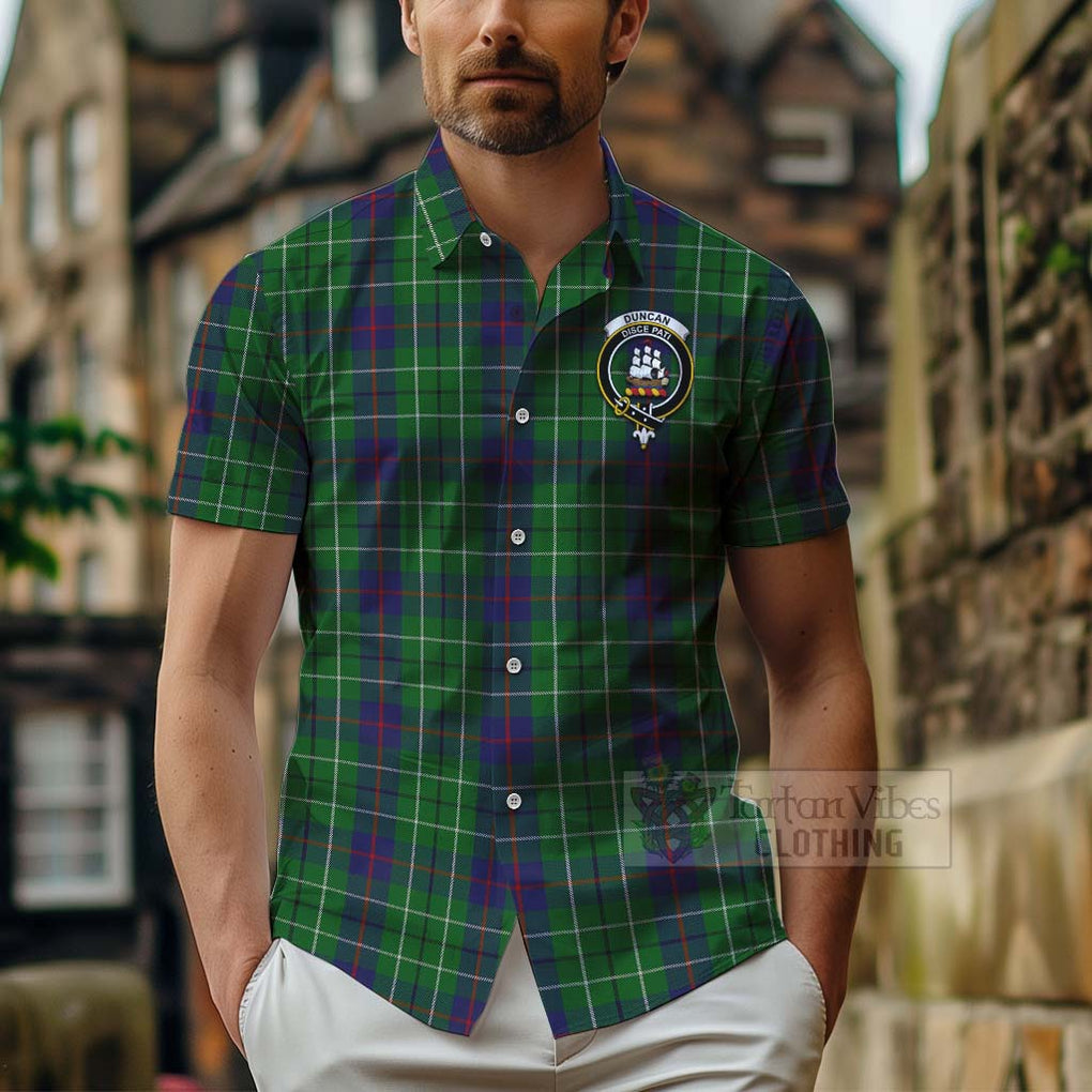 Tartan Vibes Clothing Duncan Tartan Short Sleeve Button Shirt with Family Crest Celtic Skull Style