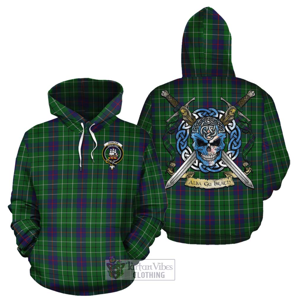 Tartan Vibes Clothing Duncan Tartan Cotton Hoodie with Family Crest Celtic Skull Style