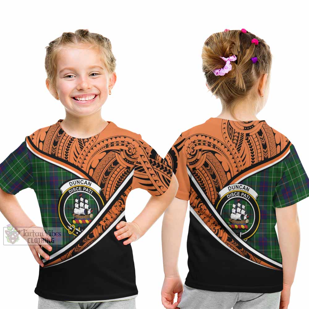 Tartan Vibes Clothing Duncan Crest Tartan Kid T-Shirt with Maori Tattoo Style - Orange Version