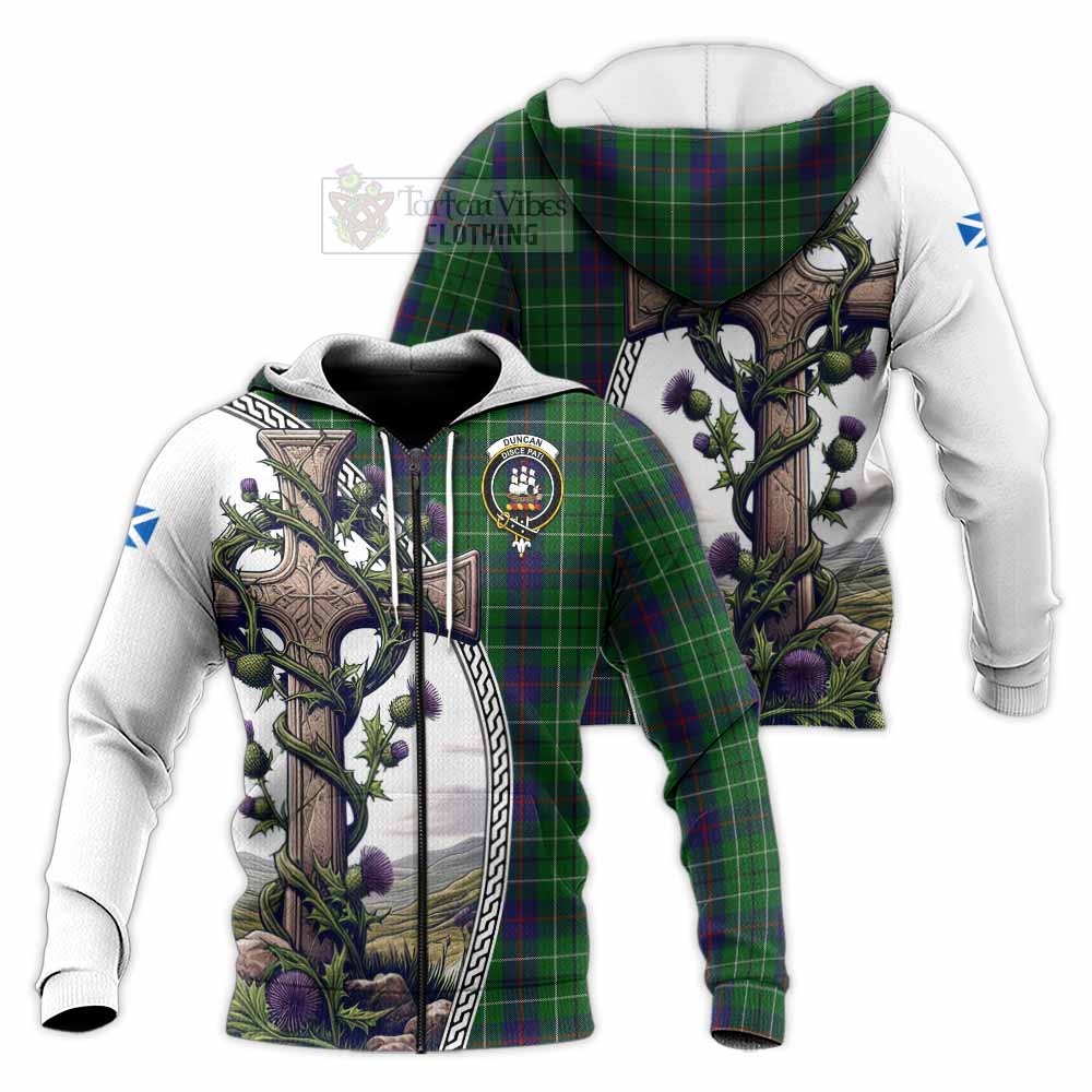 Tartan Vibes Clothing Duncan Tartan Knitted Hoodie with Family Crest and St. Andrew's Cross Accented by Thistle Vines