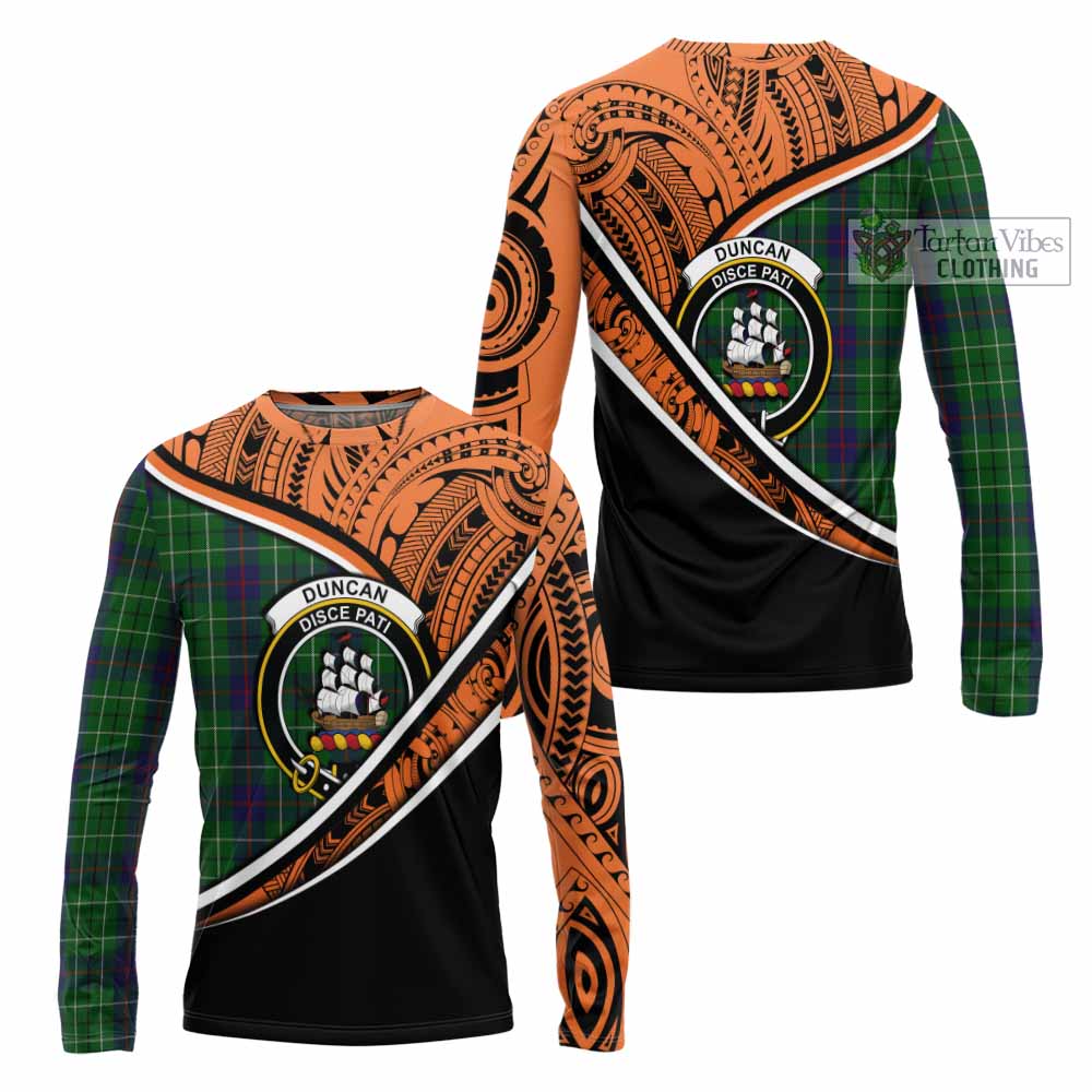 Tartan Vibes Clothing Duncan Crest Tartan Long Sleeve T-Shirt with Maori Tattoo Style - Orange Version