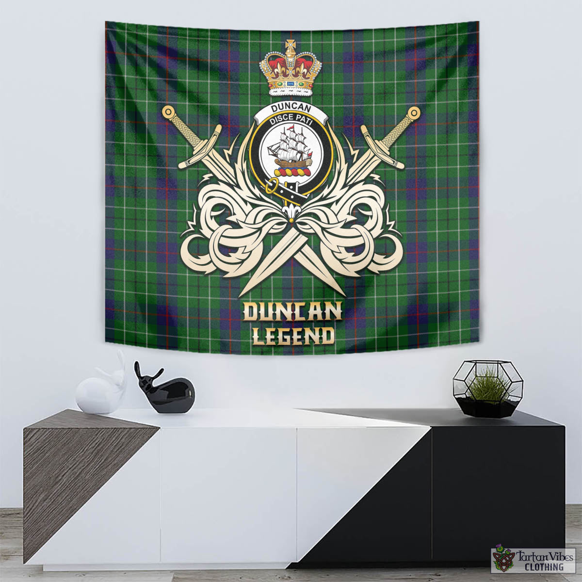 Tartan Vibes Clothing Duncan Tartan Tapestry with Clan Crest and the Golden Sword of Courageous Legacy