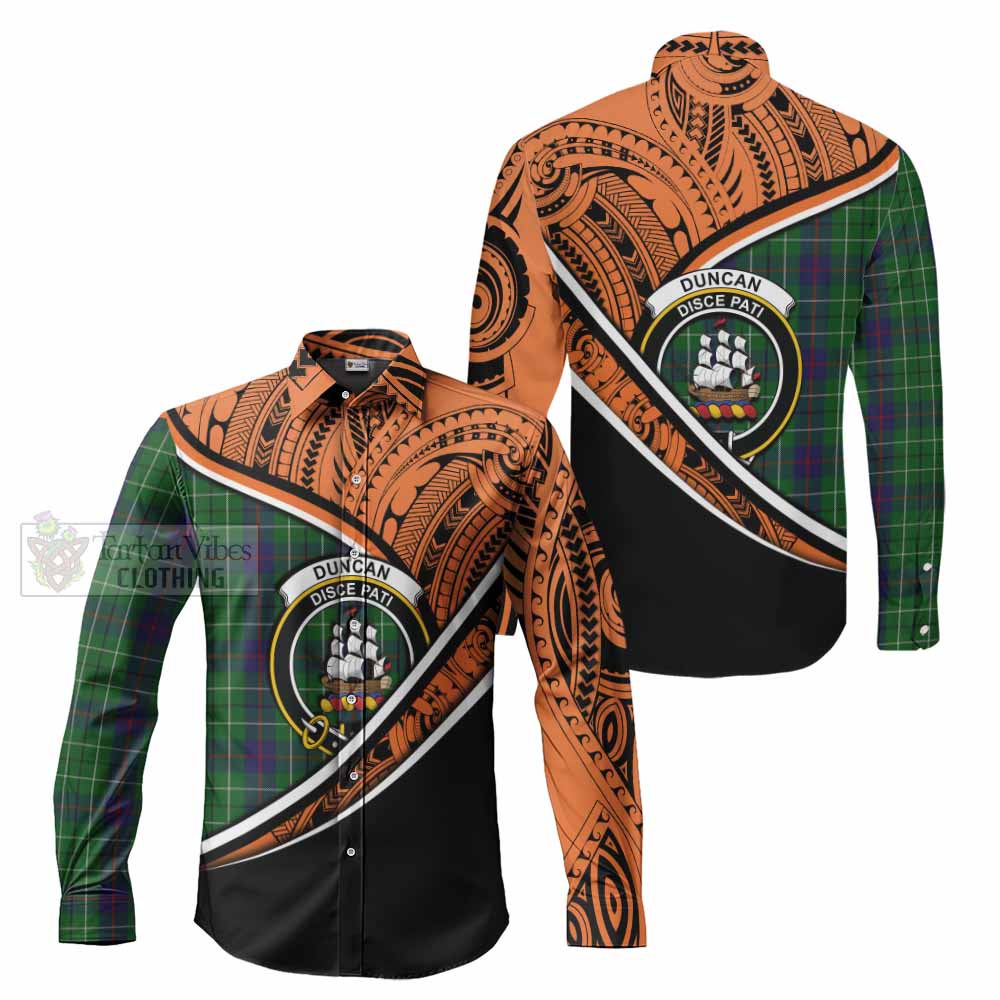 Tartan Vibes Clothing Duncan Crest Tartan Long Sleeve Button Shirt with Maori Tattoo Style - Orange Version