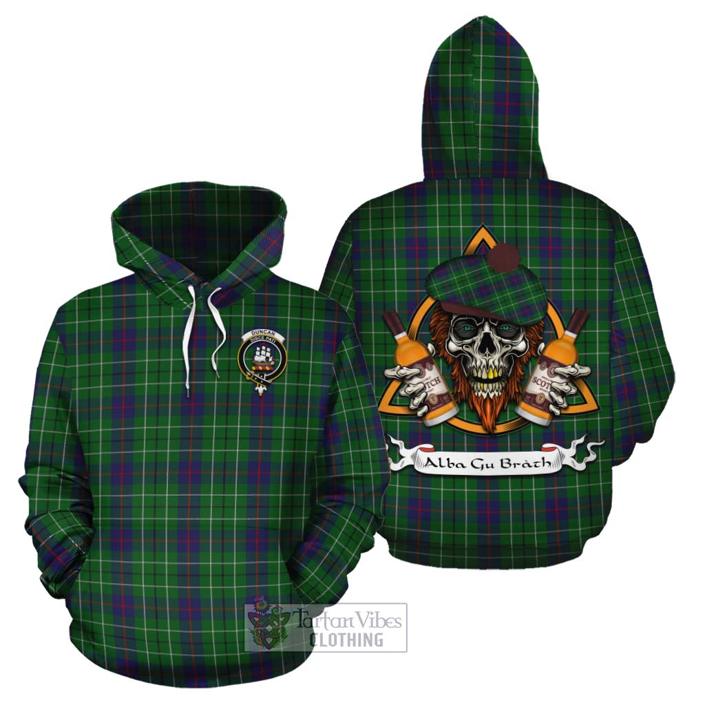 Tartan Vibes Clothing Duncan Tartan Cotton Hoodie with Family Crest and Bearded Skull Holding Bottles of Whiskey