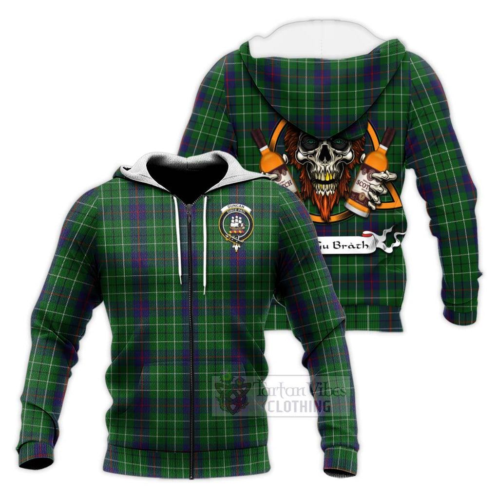 Tartan Vibes Clothing Duncan Tartan Knitted Hoodie with Family Crest and Bearded Skull Holding Bottles of Whiskey