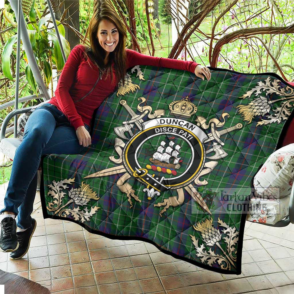 Tartan Vibes Clothing Duncan Tartan Quilt with Family Crest and Scottish Golden Courage Shield