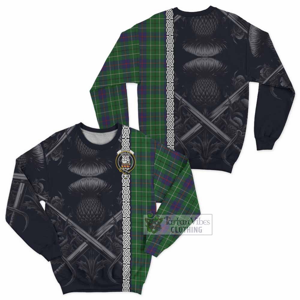 Tartan Vibes Clothing Duncan Tartan Sweatshirt with Family Crest Cross Sword Thistle Celtic Vibes