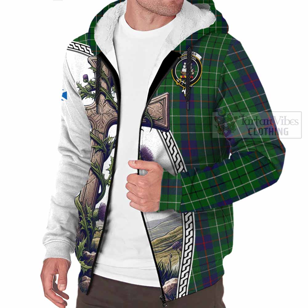 Tartan Vibes Clothing Duncan Tartan Sherpa Hoodie with Family Crest and St. Andrew's Cross Accented by Thistle Vines