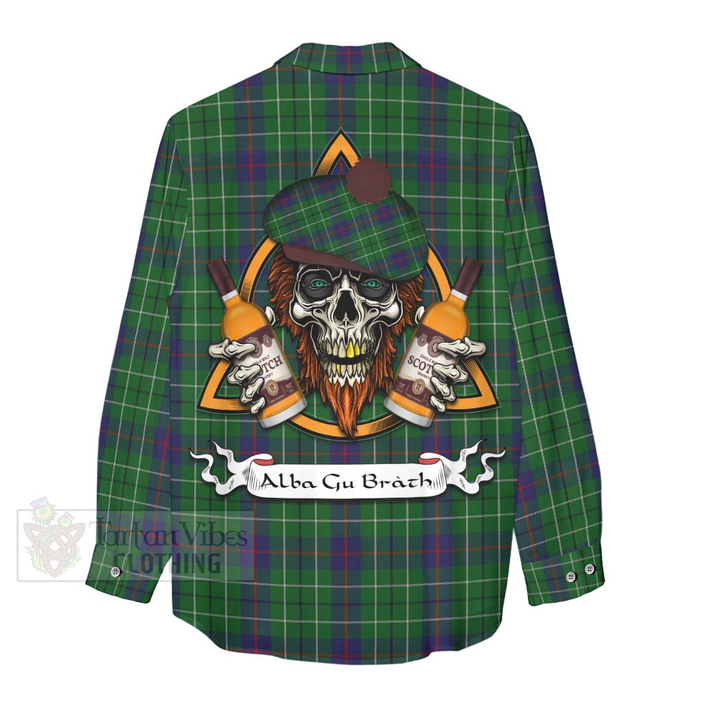 Tartan Vibes Clothing Duncan Tartan Women's Casual Shirt with Family Crest and Bearded Skull Holding Bottles of Whiskey