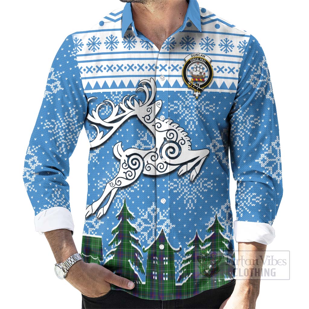 Tartan Vibes Clothing Duncan Clan Christmas Long Sleeve Button Shirt Celtic Reindeer Style