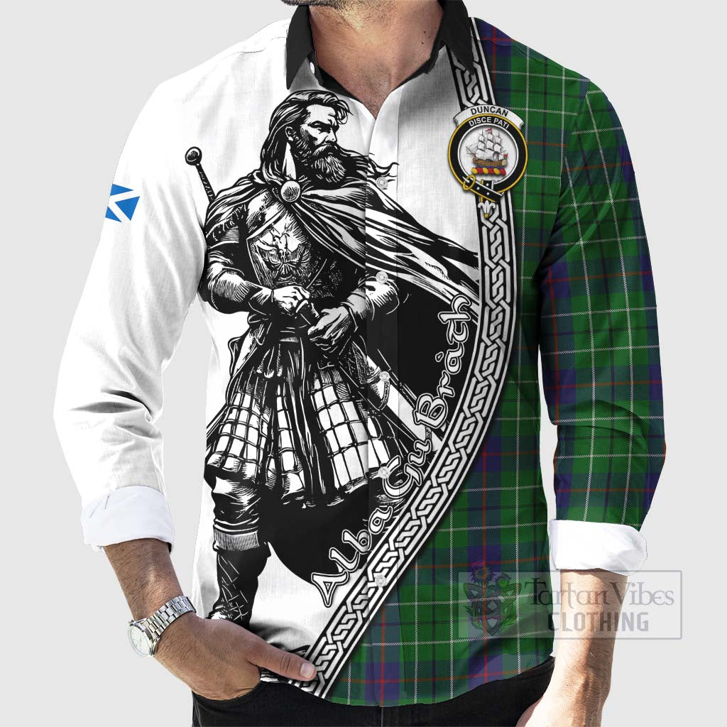 Tartan Vibes Clothing Duncan Tartan Clan Crest Long Sleeve Button Shirt with Highlander Warrior Celtic Style