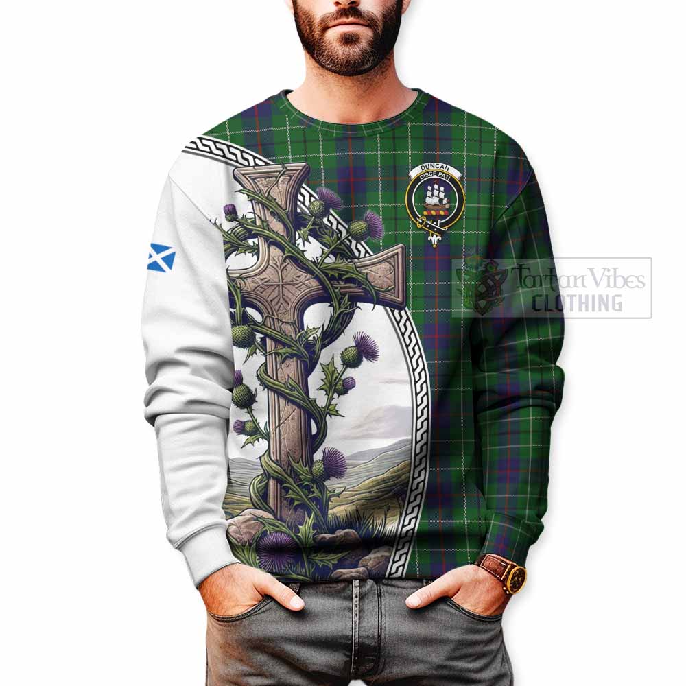 Tartan Vibes Clothing Duncan Tartan Sweatshirt with Family Crest and St. Andrew's Cross Accented by Thistle Vines