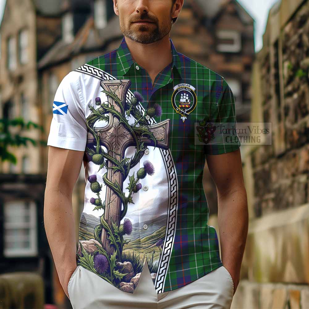 Tartan Vibes Clothing Duncan Tartan Short Sleeve Button Shirt with Family Crest and St. Andrew's Cross Accented by Thistle Vines