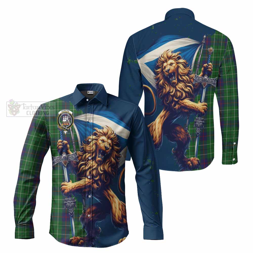 Tartan Vibes Clothing Duncan Tartan Family Crest Long Sleeve Button Shirt with Scottish Majestic Lion