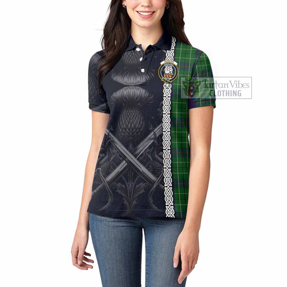 Tartan Vibes Clothing Duncan Tartan Women's Polo Shirt with Family Crest Cross Sword Thistle Celtic Vibes