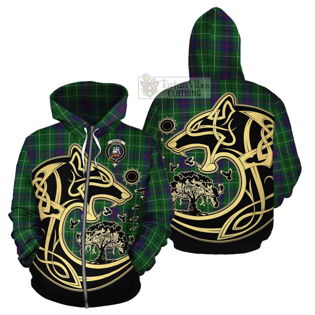 Tartan Vibes Clothing Duncan Tartan Cotton Hoodie with Family Crest Celtic Wolf Style