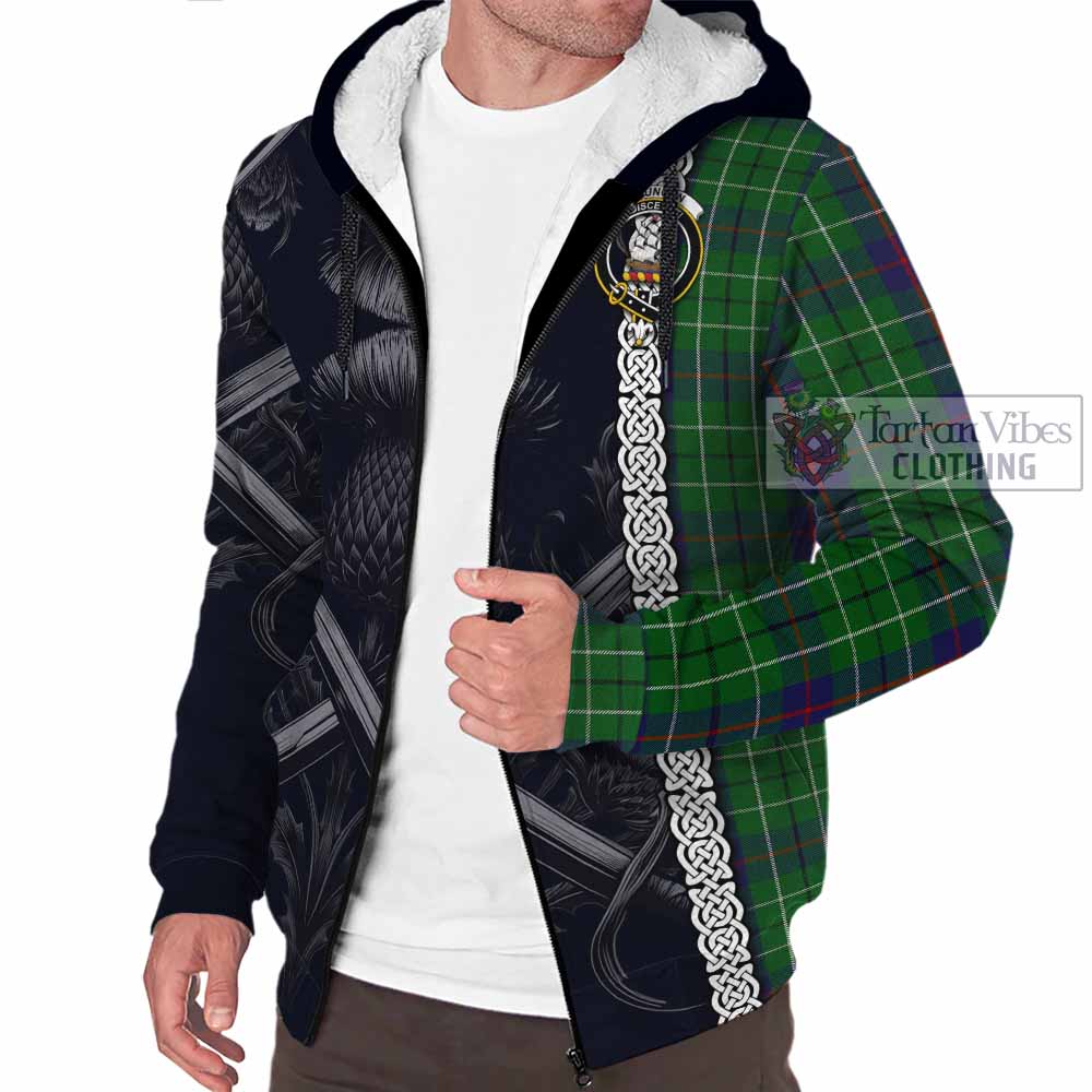 Tartan Vibes Clothing Duncan Tartan Sherpa Hoodie with Family Crest Cross Sword Thistle Celtic Vibes