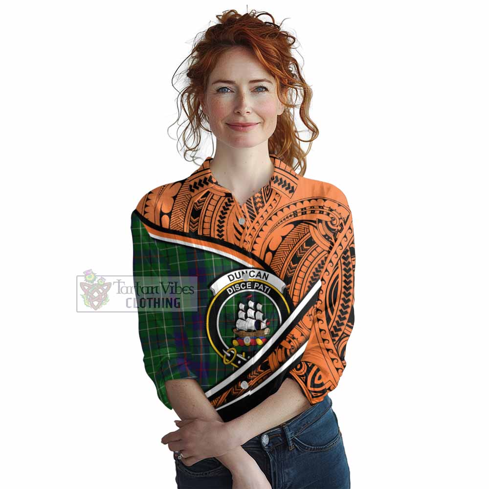 Tartan Vibes Clothing Duncan Crest Tartan Women's Casual Shirt with Maori Tattoo Style - Orange Version