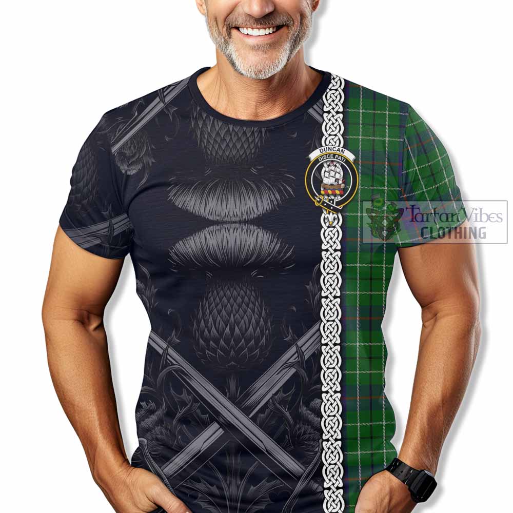 Tartan Vibes Clothing Duncan Tartan T-Shirt with Family Crest Cross Sword Thistle Celtic Vibes