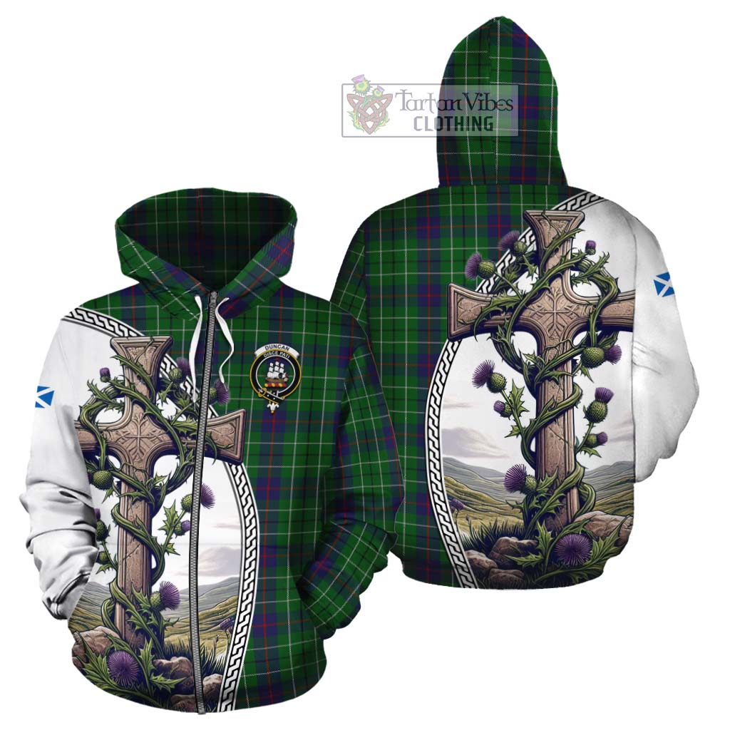 Tartan Vibes Clothing Duncan Tartan Cotton Hoodie with Family Crest and St. Andrew's Cross Accented by Thistle Vines