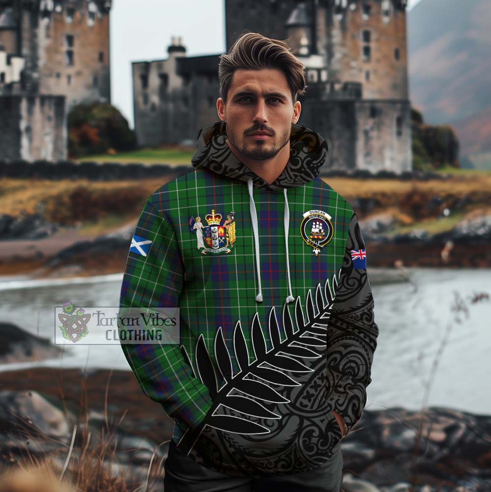 Tartan Vibes Clothing Duncan Crest Tartan Cotton Hoodie with New Zealand Silver Fern Half Style