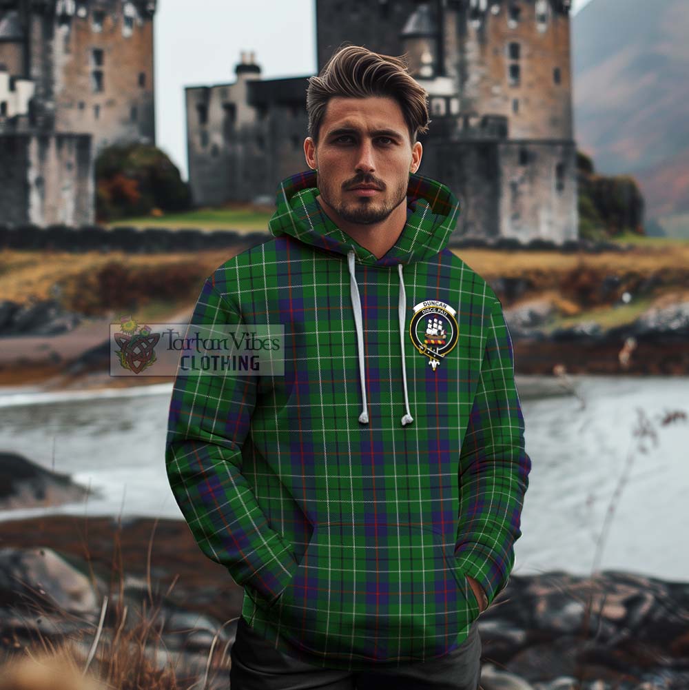 Tartan Vibes Clothing Duncan Tartan Cotton Hoodie with Family Crest and Bearded Skull Holding Bottles of Whiskey