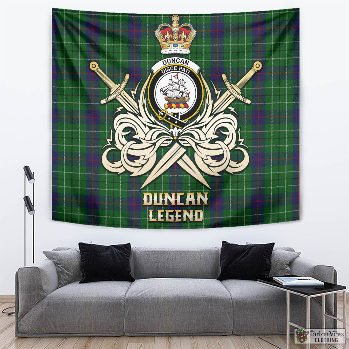 Tartan Vibes Clothing Duncan Tartan Tapestry with Clan Crest and the Golden Sword of Courageous Legacy