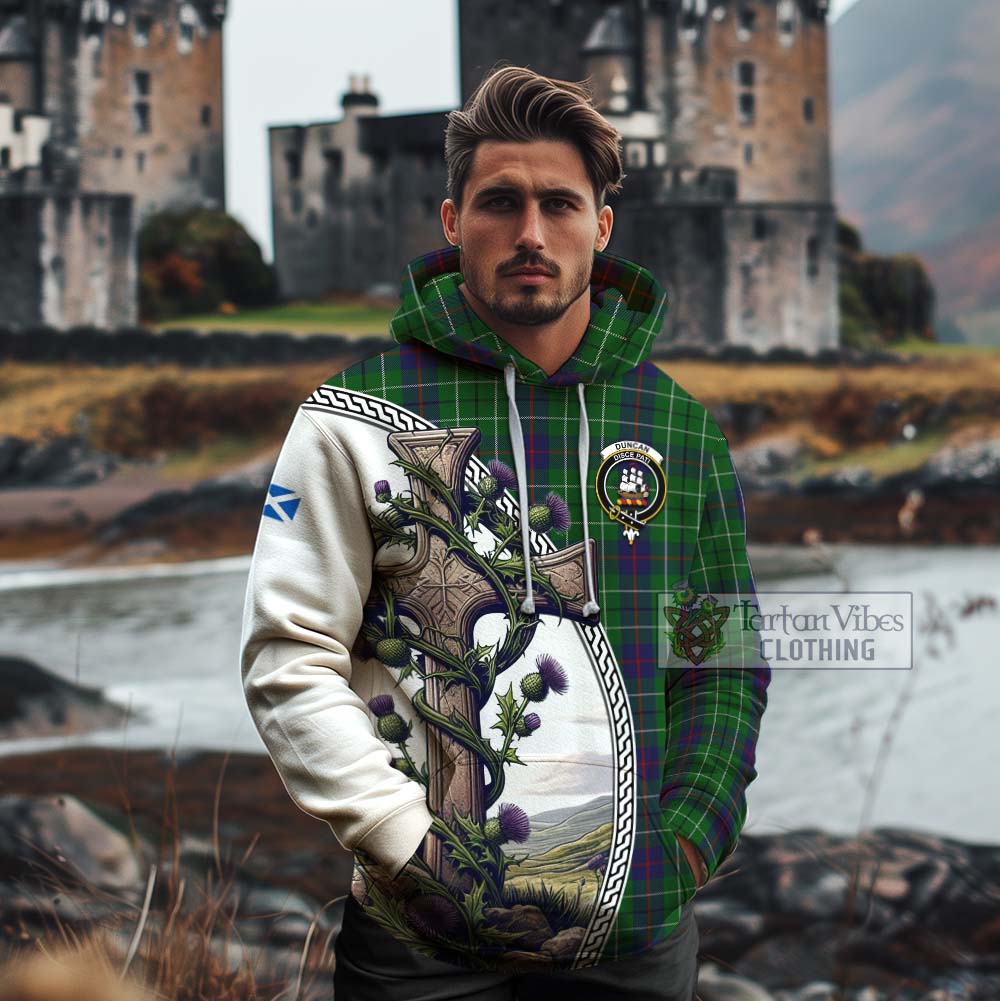 Tartan Vibes Clothing Duncan Tartan Cotton Hoodie with Family Crest and St. Andrew's Cross Accented by Thistle Vines