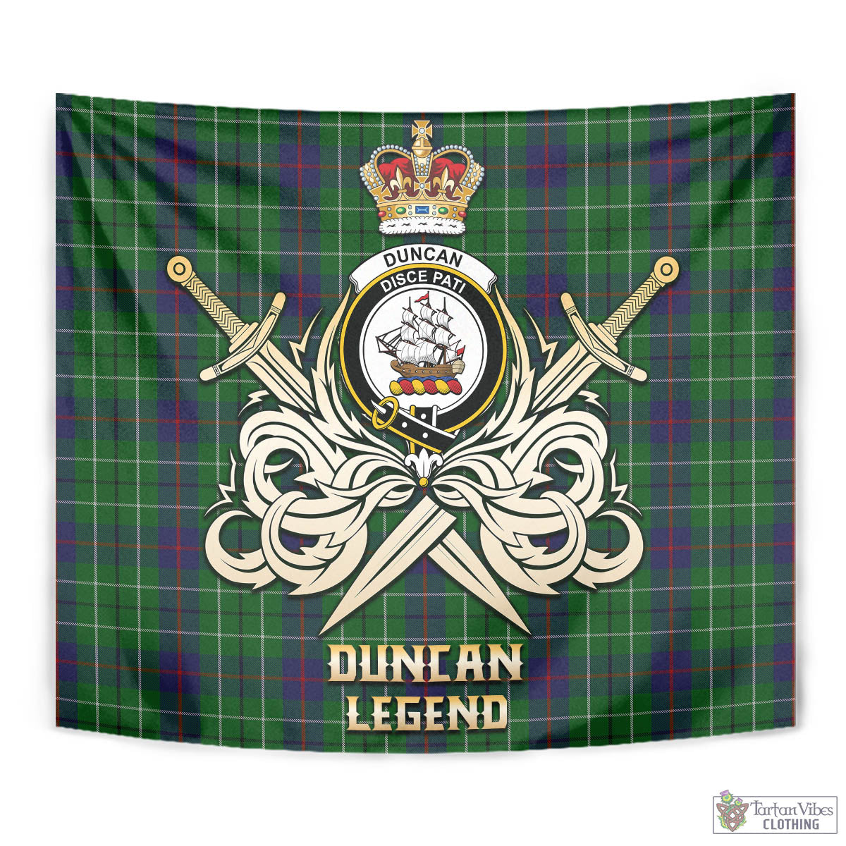 Tartan Vibes Clothing Duncan Tartan Tapestry with Clan Crest and the Golden Sword of Courageous Legacy