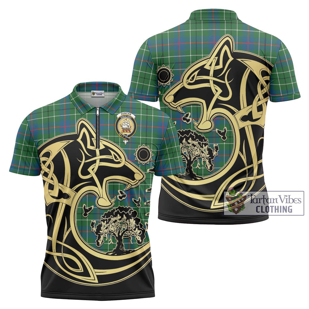 Duncan Ancient Tartan Zipper Polo Shirt with Family Crest Celtic Wolf Style Unisex - Tartanvibesclothing Shop