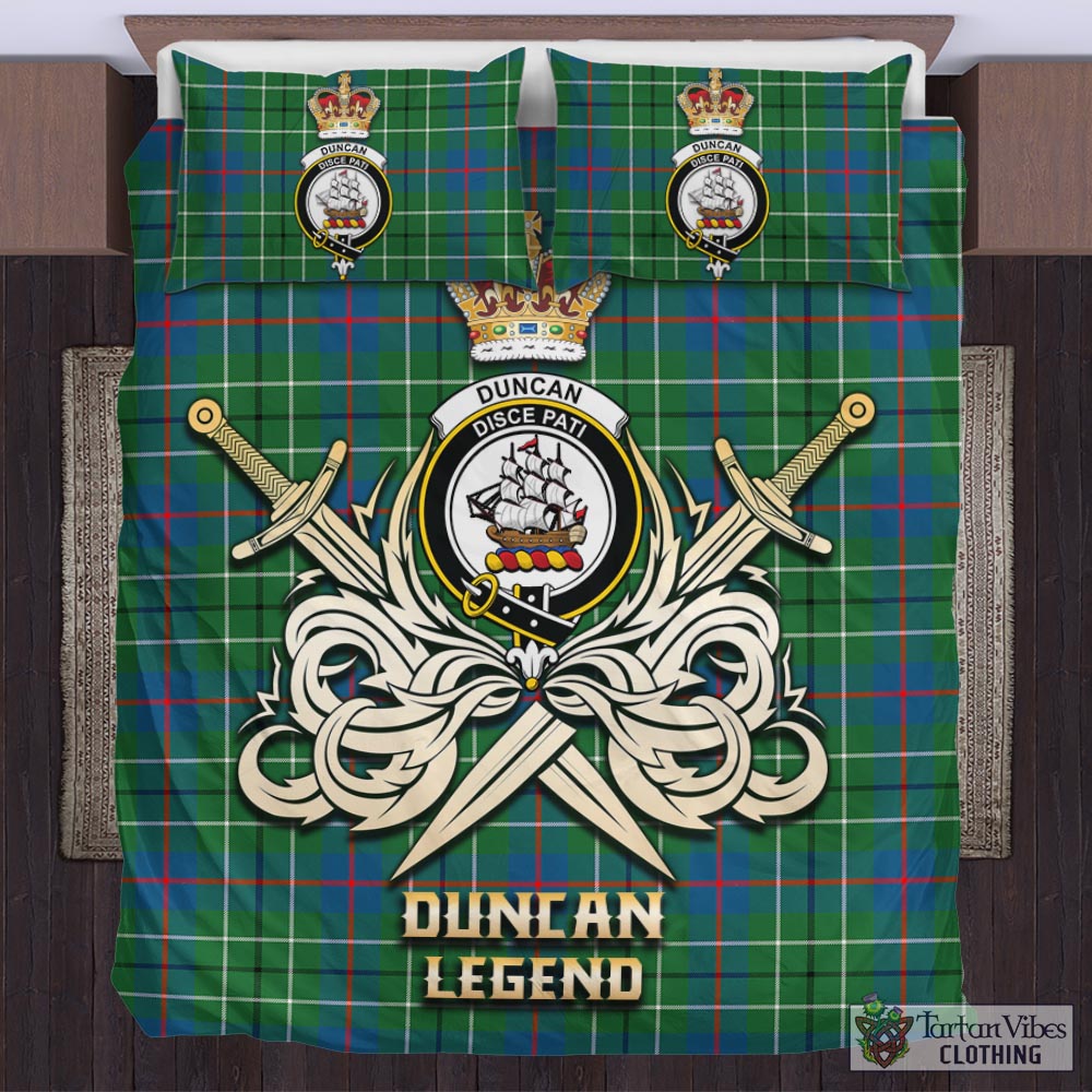 Tartan Vibes Clothing Duncan Ancient Tartan Bedding Set with Clan Crest and the Golden Sword of Courageous Legacy